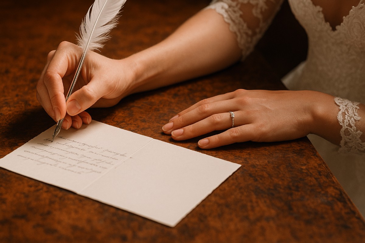 Main d’une mariée rédigeant ses vœux avec une plume, bijou discret à la main, incarnant l’émotion et l’intimité d’un renouvellement de vœux de mariage.